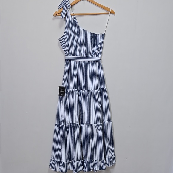 Lulu's Gleeful Getaway Nautical Striped Linen One Shoulder Midi Dress Size S - Picture 7 of 16